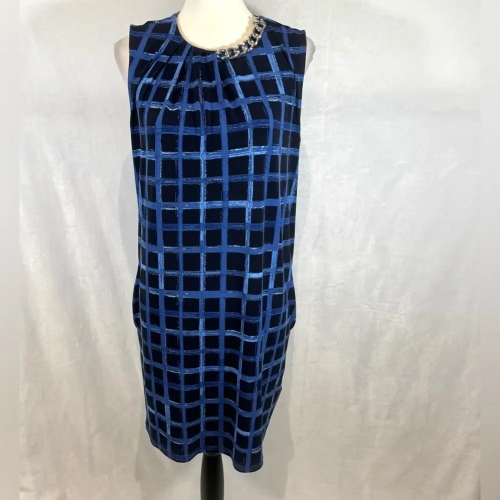 Michael Kors blue and navy chain embellished brushed windowpane dress size small